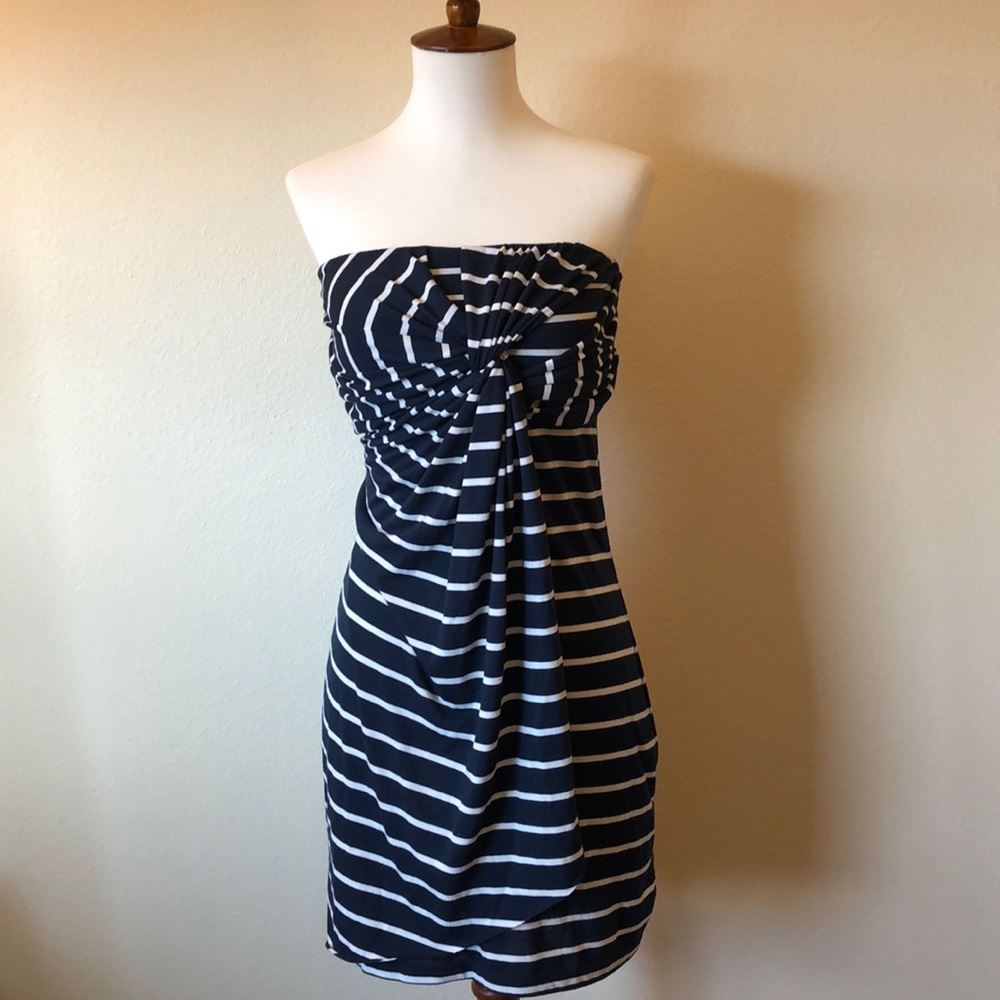 Navy Blue Striped Strapless Dress